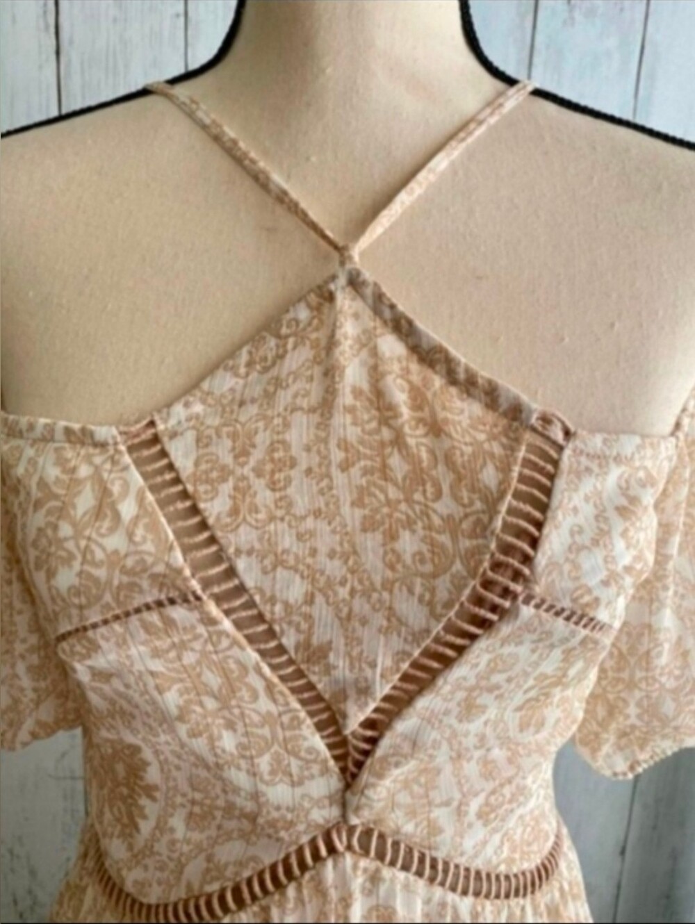 Boho Cream Paisley Maxi Dress Puff Sleeves-NWOT - Picture 5 of 11